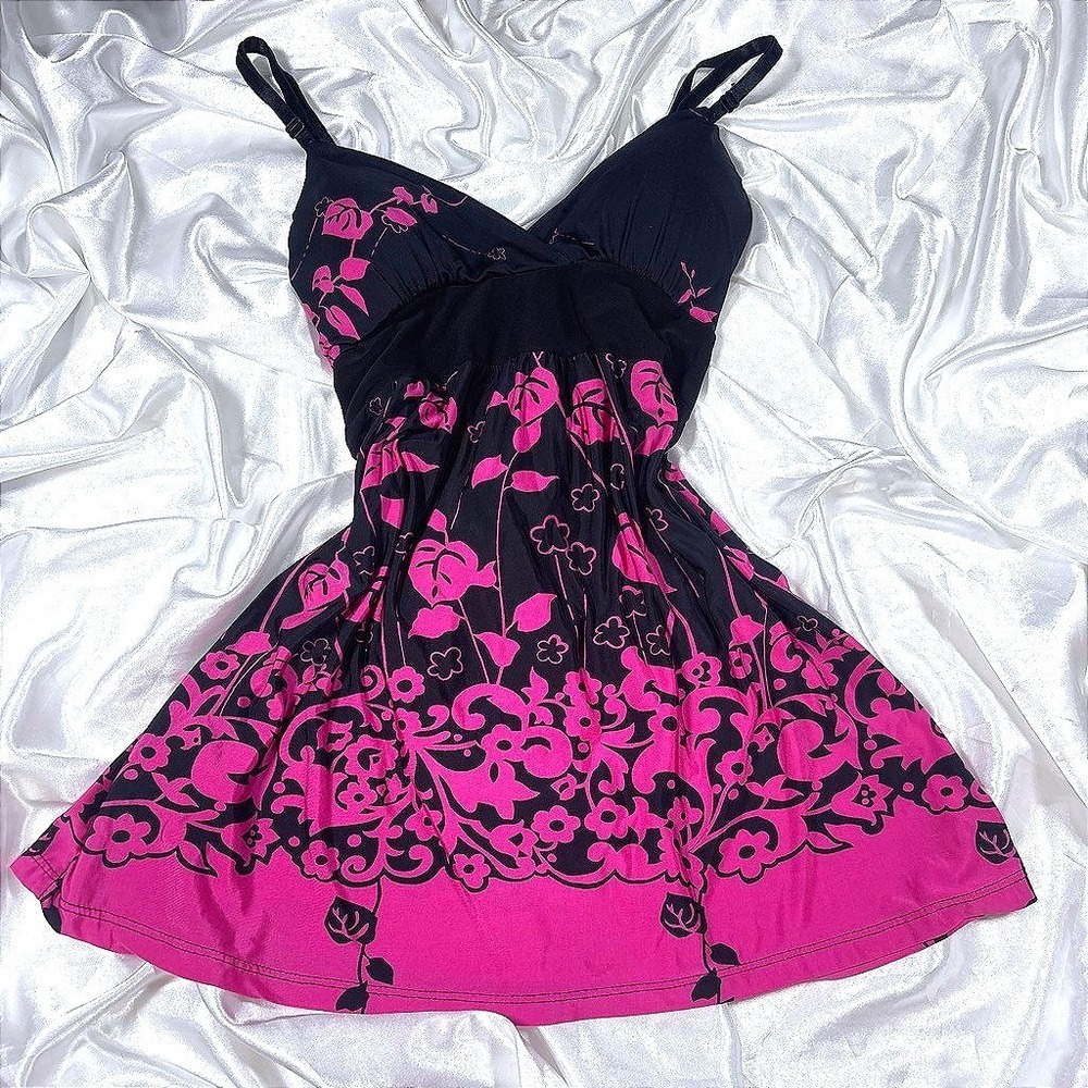 y2k Janette Floral Babydoll Cami Top Black Pink Empire Waist Tie Back